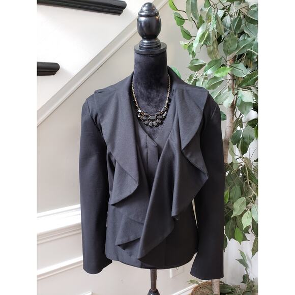 INC Black Ruffle Open Front Blazer Jacket 0X Women’s Draped Long Sleeve Stretch - Picture 1 of 12